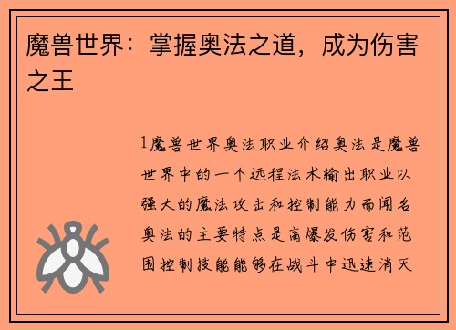 魔兽世界：掌握奥法之道，成为伤害之王